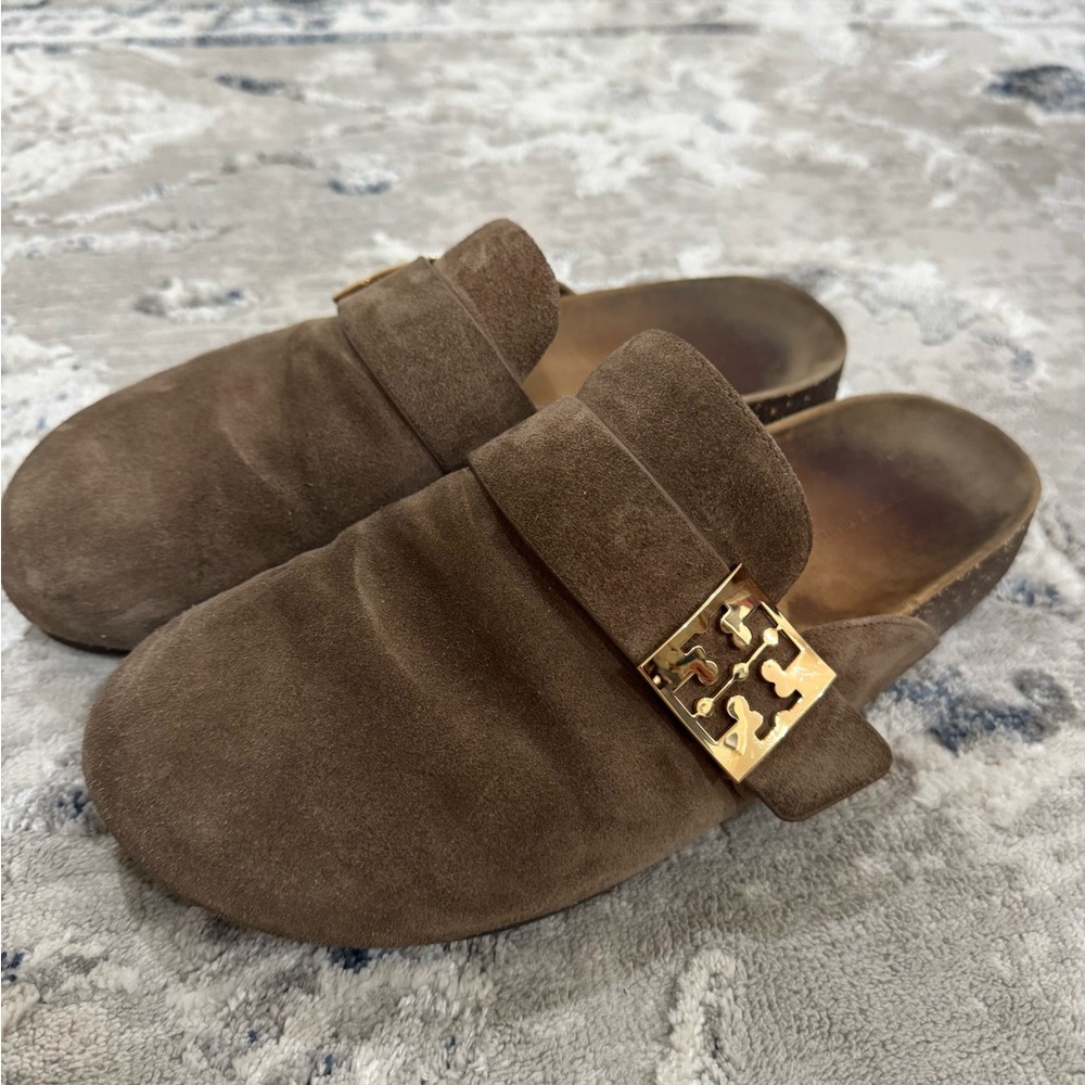 Tory Burch Brown Suede Mules with Gold Accent